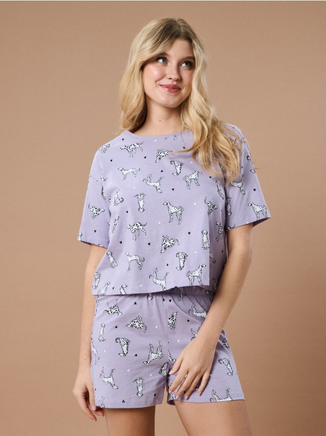Sinsay - Bawełniana piżama dwuczęściowa z motywem psów - fioletowy