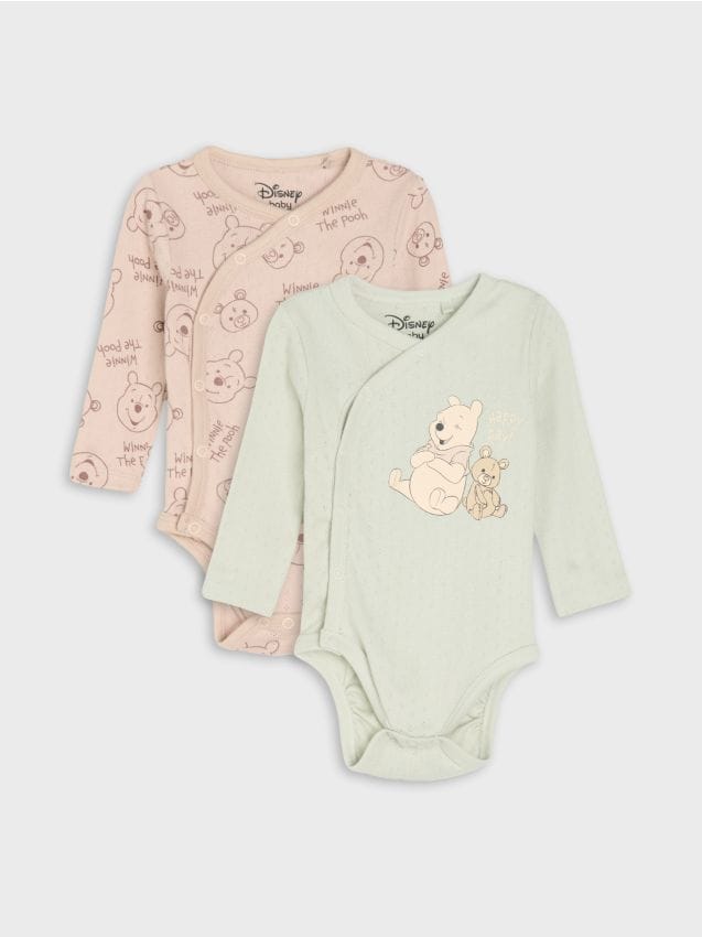 Sinsay - Body din bumbac, cu mânecă lungă Winnie the Pooh 2 pack - verde-prăfuit