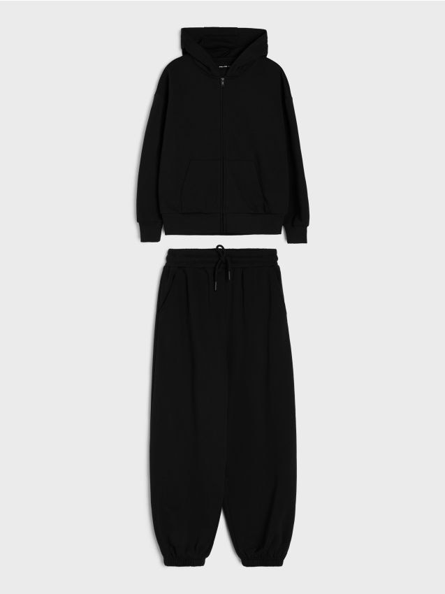 Sinsay - Set de trening: hanorac loose cu glugă și fermoar și pantaloni balloon - negru
