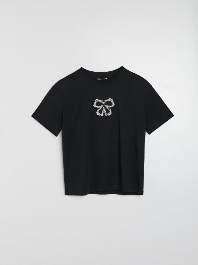 T-shirt in cotone con strass - nero
