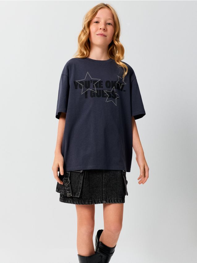 Sinsay - Tricou din bumbac cu strasuri decorative - gri-închis