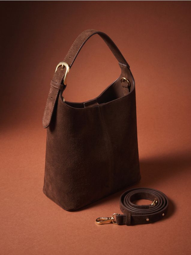 Sinsay - Geantă hobo din piele naturală întoarsă cu cusături decorative - maro-închis
