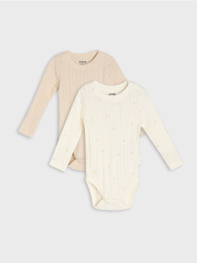 Sinsay - Body din bumbac din tricot rib cu motiv inimioare 2 pack - crem