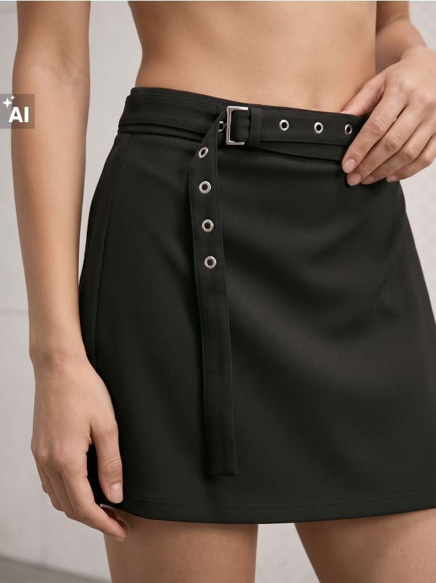 Sinsay - Fustă-pantalon cu amestec de viscoză și curea decorativă - negru