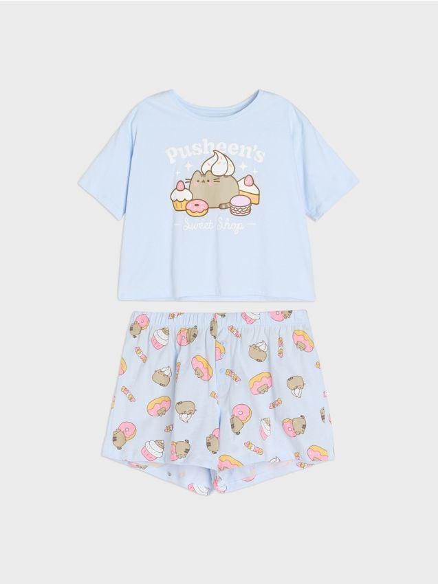 Sinsay - Bawełniana piżama dwuczęściowa z nadrukiem Pusheen the Cat - błękitny