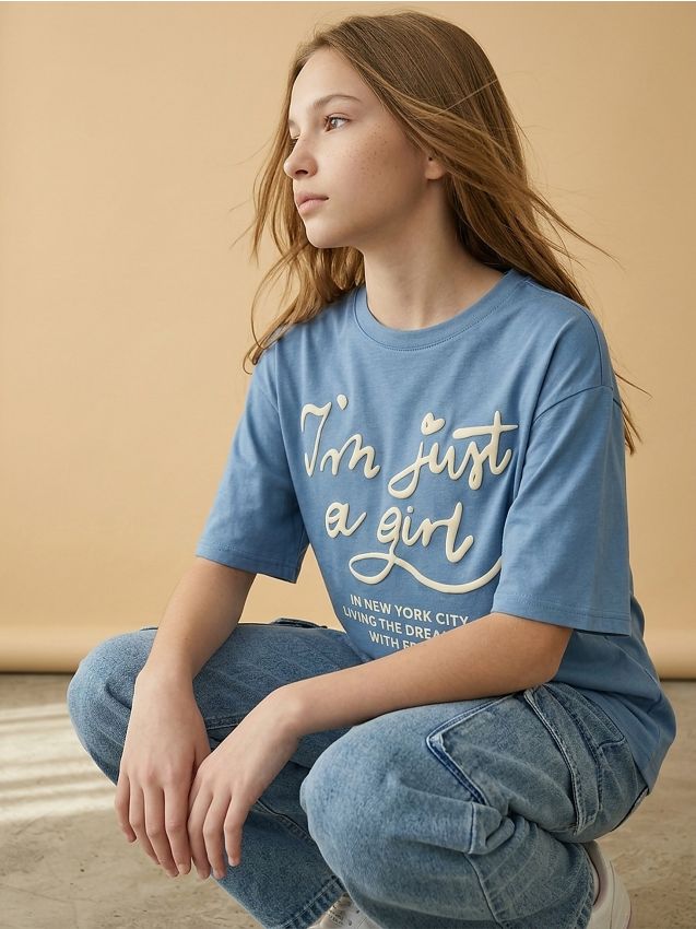 Sinsay - Tricou din bumbac cu inscripție Im Just a Girl - Gri-albăstrui