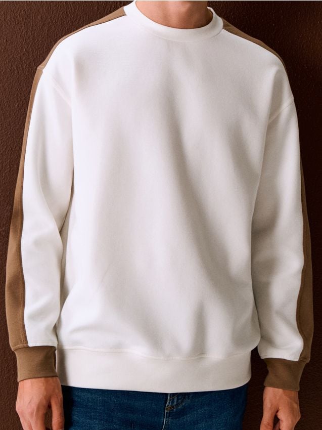 Sinsay - Bluza crewneck z lampasami - kremowy