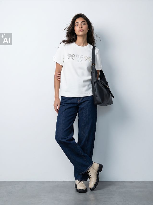 Sinsay - Tricou cu viscoză și motiv strălucitor de funde - crem