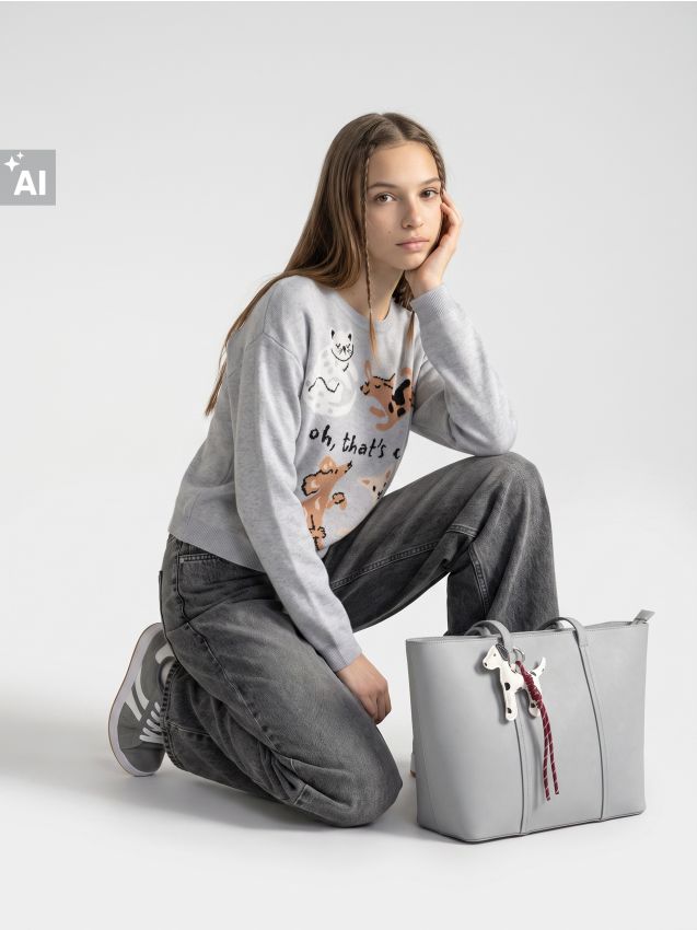 Sinsay - Pulover cu vâscoză cu motiv cu câini și pisici - gri deschis