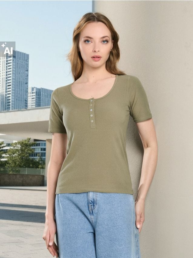 Sinsay - Tricou cu dungi și nasturi - kaki