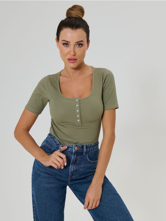 Sinsay - Tricou cu dungi și nasturi - kaki