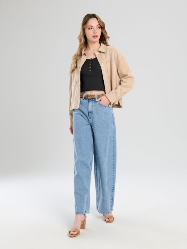 Sinsay - Prążkowana koszulka z guzikami - czarny