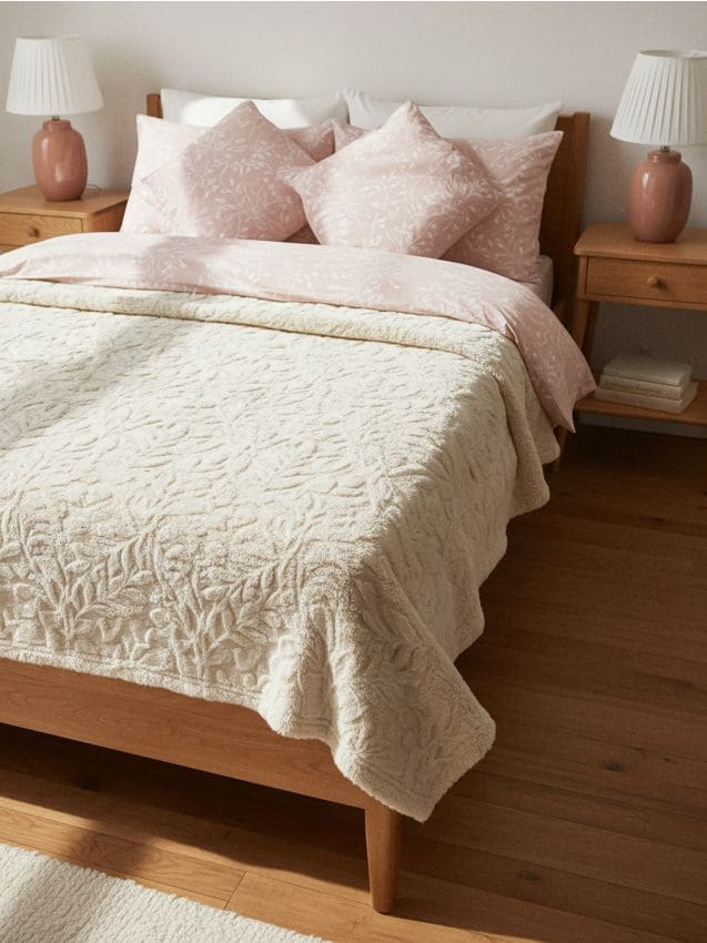 Sinsay - Prehoz na posteľ s rastlinným vzorom - krémová