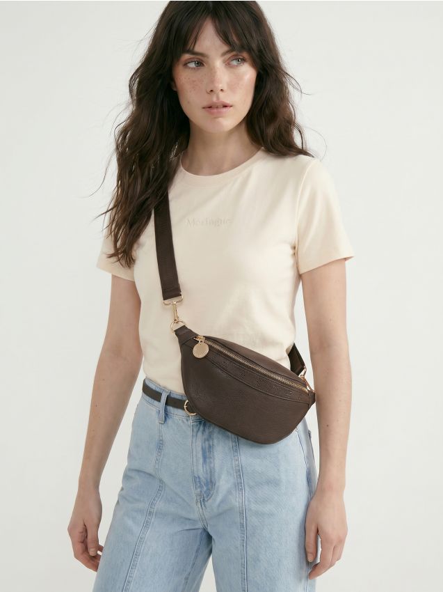 Sinsay - Tricou cu bumbac cu inscriptie brodata - nude