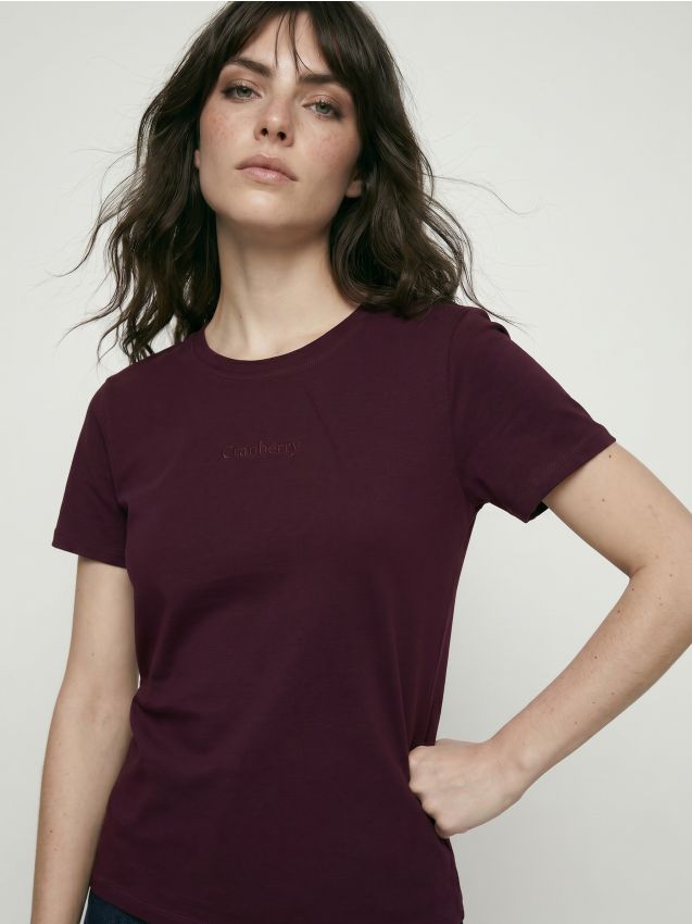 Sinsay - Tricou cu bumbac cu inscriptie brodata - bordo