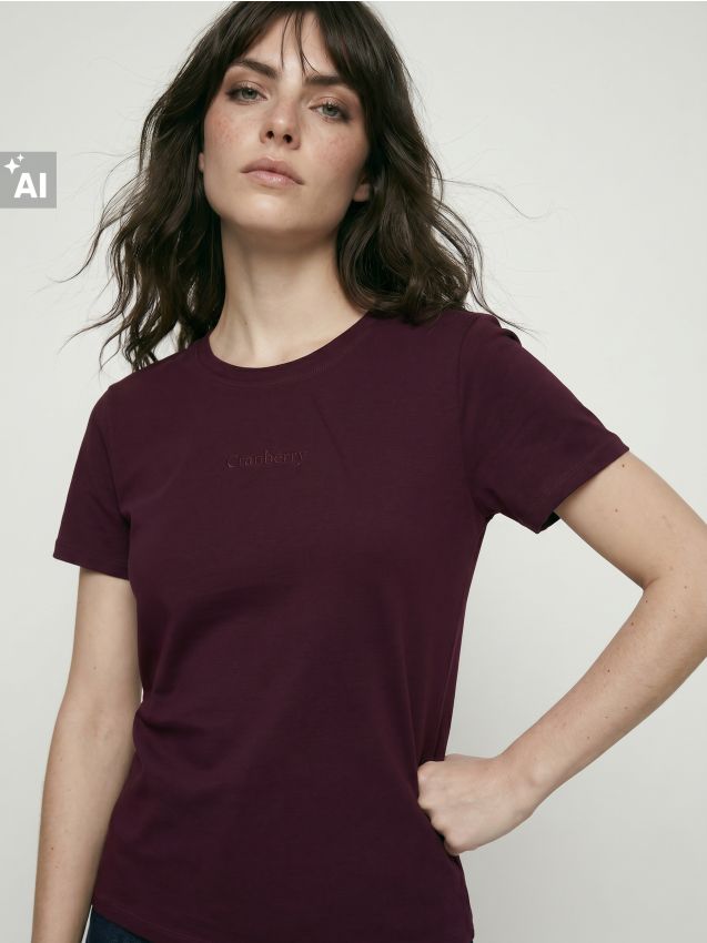 Sinsay - Tricou cu bumbac cu inscriptie brodata - bordo
