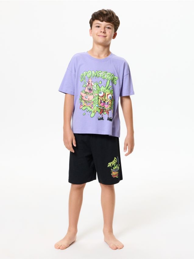 Sinsay - Pijama din bumbac în două piese cu imprimeu SpongeBob - violet-prună
