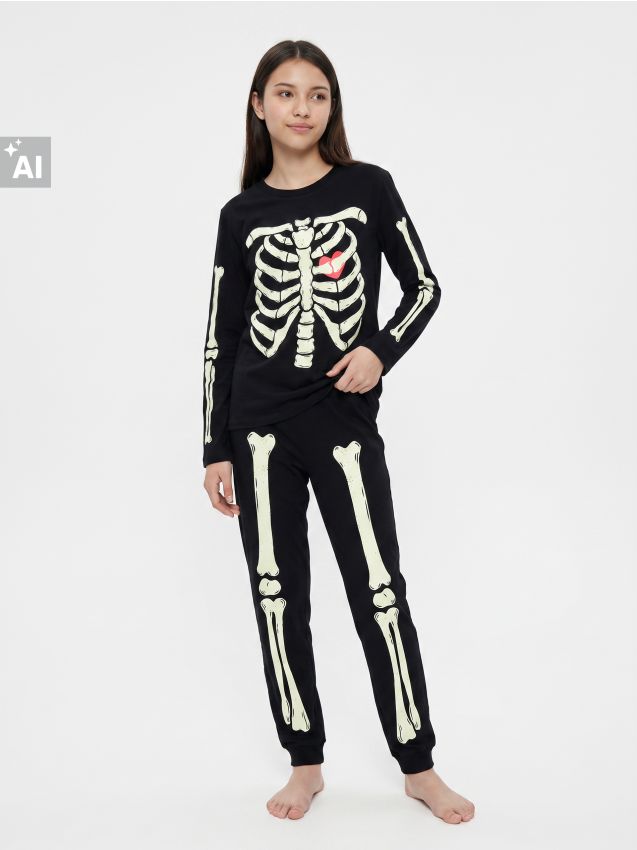 Sinsay - Pijama din bumbac din două piese cu motiv de Halloween - negru
