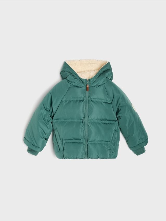 Sinsay - Geacă puffer matlasată cu glugă și blăniță - verde-maroniu