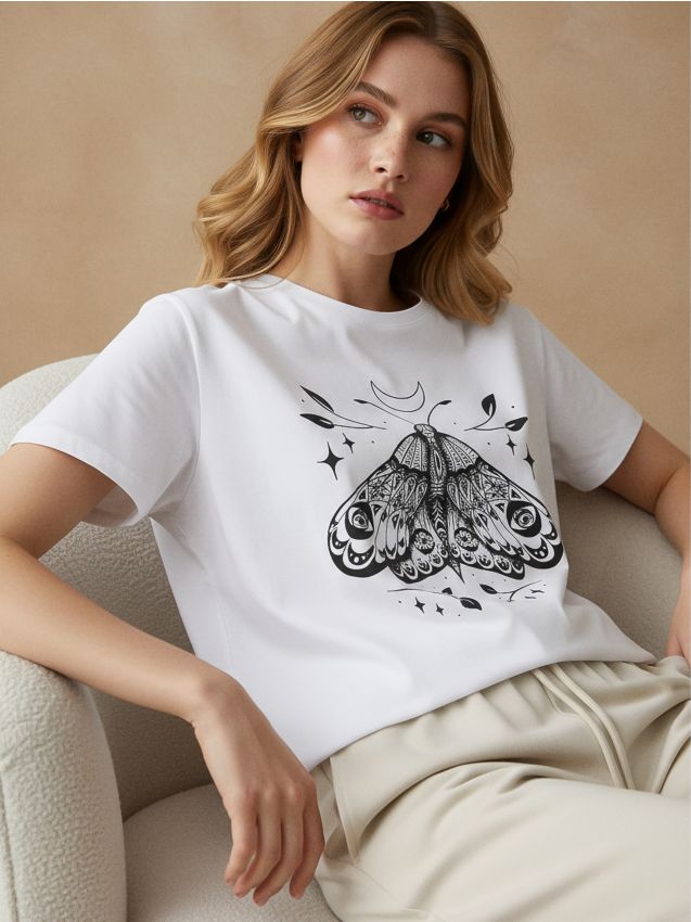 Sinsay - Tricou oversize din bumbac cu imprimeu - alb