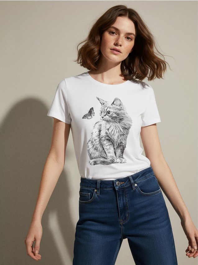 Sinsay - Tricou oversize din bumbac cu imprimeu - alb