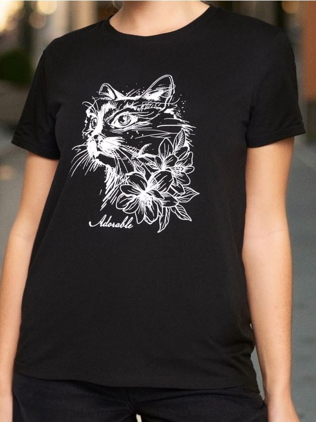 Sinsay - Tricou oversize din bumbac cu imprimeu - negru