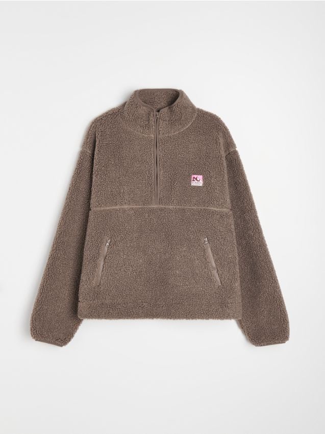 Sinsay - Bluza oversize half zip z kieszeniami na zamek - brązowy
