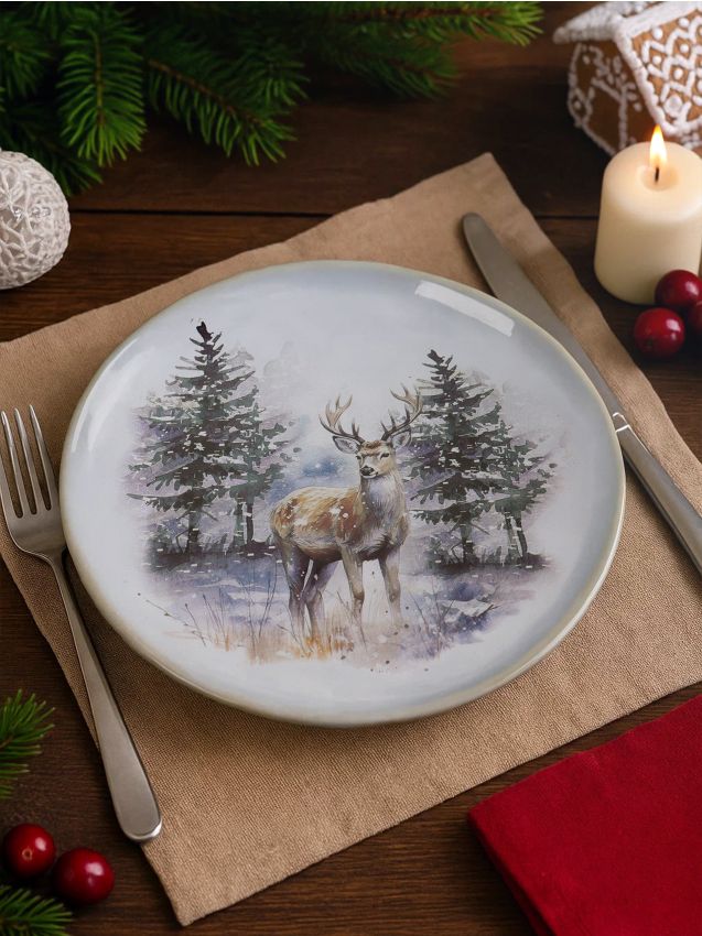 Sinsay - Vianočný tanier s motívom soba v zimnom lese - svetlomodrá