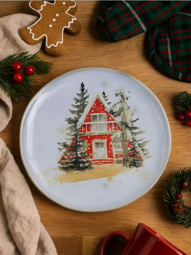 Sinsay - Vianočný tanier s motívom zimného domčeka - červená