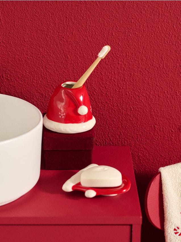 Sinsay - Sada: Držiak na kefky a mydelnička s vianočným motívom - červená