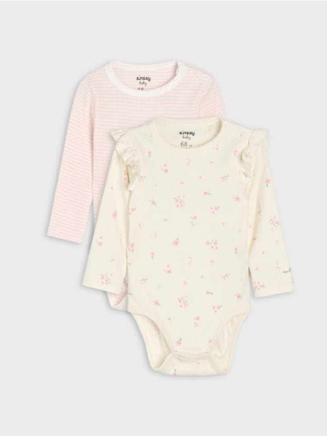 Sinsay - Body din bumbac cu motiv floral și volane 2 pack - crem