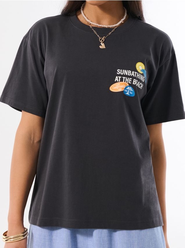Sinsay - Tricou din bumbac cu imprimeu de vacanță - gri-închis