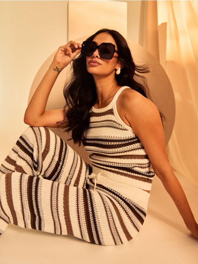 Sinsay - Pantaloni tricotati din bumbac cu dungi - multicolor