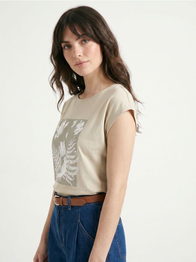 Sinsay - Tricou cu imprimeu floral și amestec de vâscoză - verde-pal