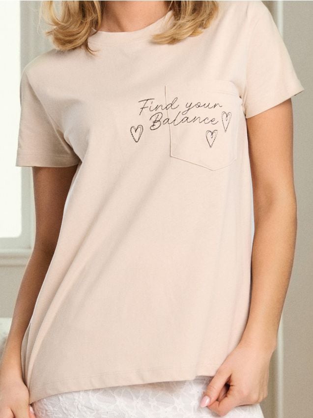 Sinsay - Bavlnené tričko s výšivkou - béžová