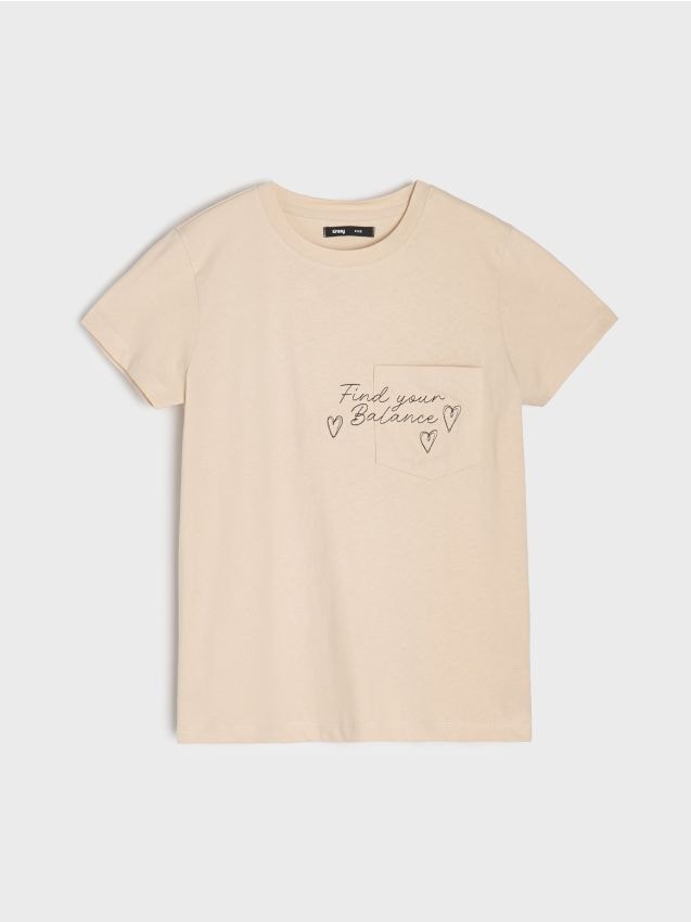 Sinsay - Bavlnené tričko s výšivkou - béžová