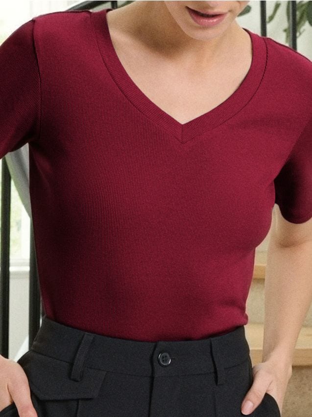 Sinsay - Tricou cu decolteu în „V” - bordo