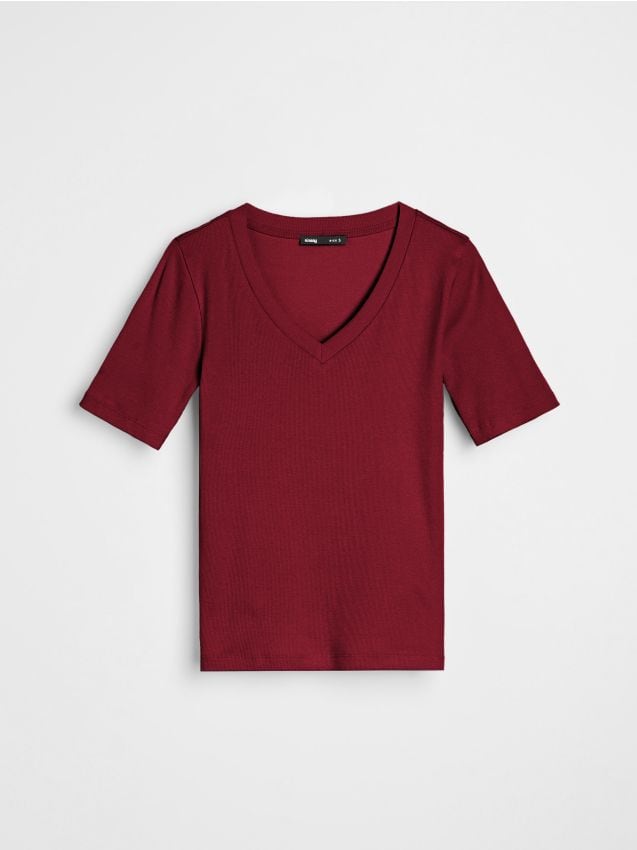 Sinsay - Tričko s véčkovým výstrihom - burgundská červená