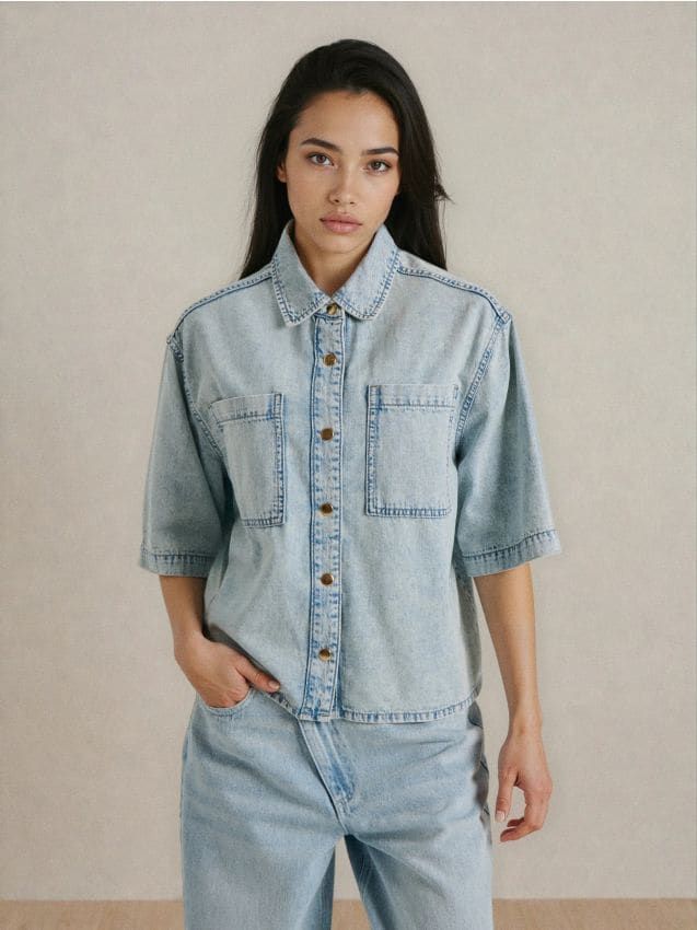 Sinsay - Cămașă din denim cu mânecă scurtă - albastru