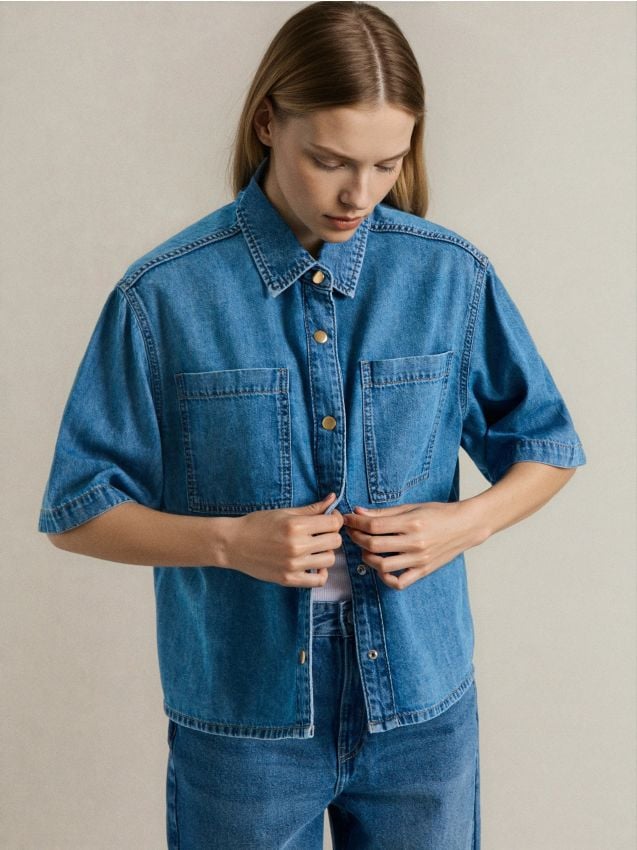 Sinsay - Cămașă din denim cu mânecă scurtă - albastru