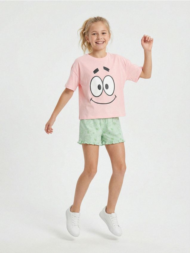 Sinsay - Pijama din bumbac în două piese cu imprimeu SpongeBob - roz-pastel