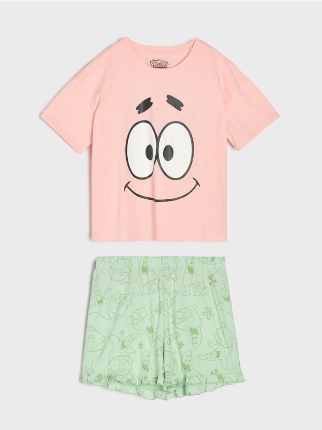 Sinsay - Pijama din bumbac în două piese cu imprimeu SpongeBob - roz-pastel