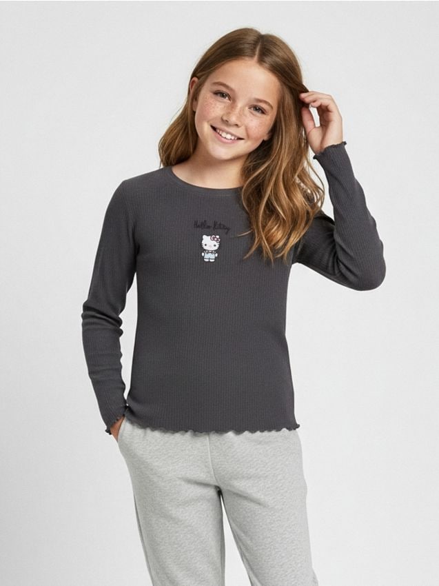 Sinsay - Tričko s dlhými rukávmi Hello Kitty - antracitová