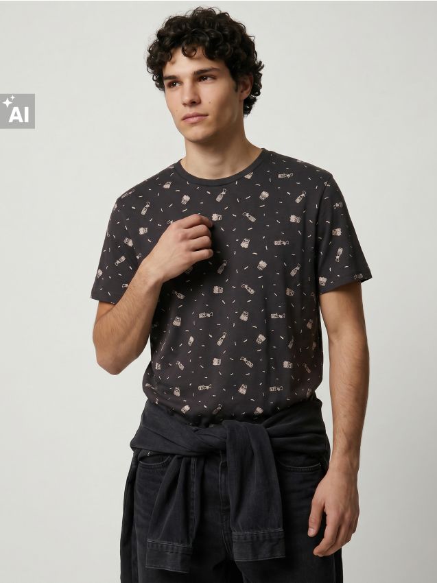 Sinsay - Tricou din bumbac cu motiv mâncare - albastru metalizat