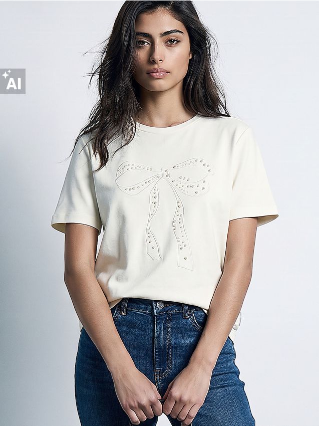 Sinsay - Tricou din bumbac cu motiv de fundă și perle - crem