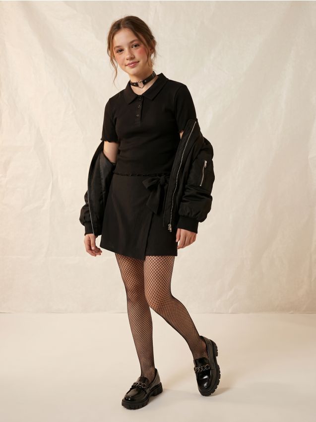 Sinsay - Tricou polo din bumbac cu volane decorative - negru