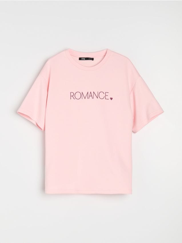 Sinsay - Tricou din vâscoză cu inscripție Romance - roz-pastel