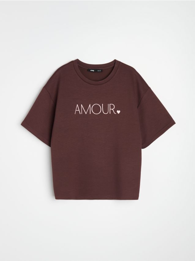 Sinsay - Tricou din viscoză cu inscripția „Amour” - maro-închis