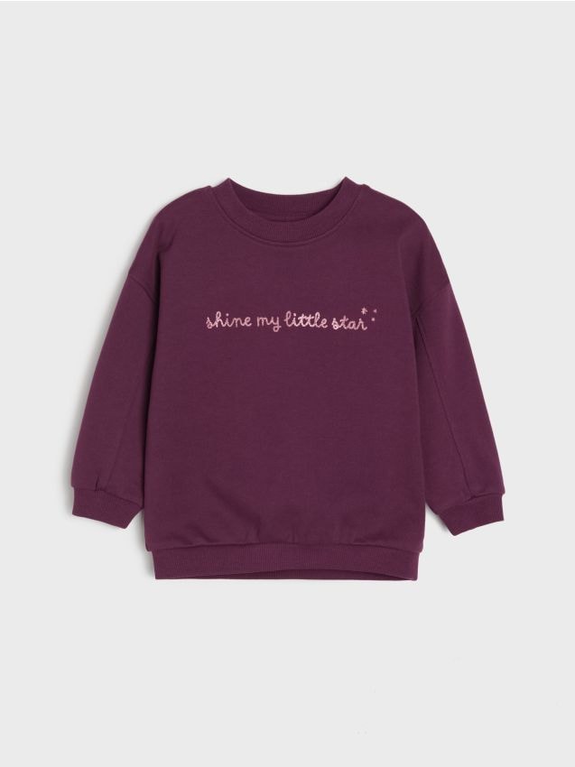Sinsay - Bluză crewneck din bumbac cu inscripție cu sclipici - violet-prună