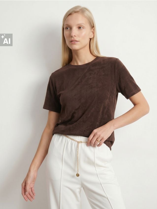 Sinsay - Tricou din velur cu mânecă scurtă - maro